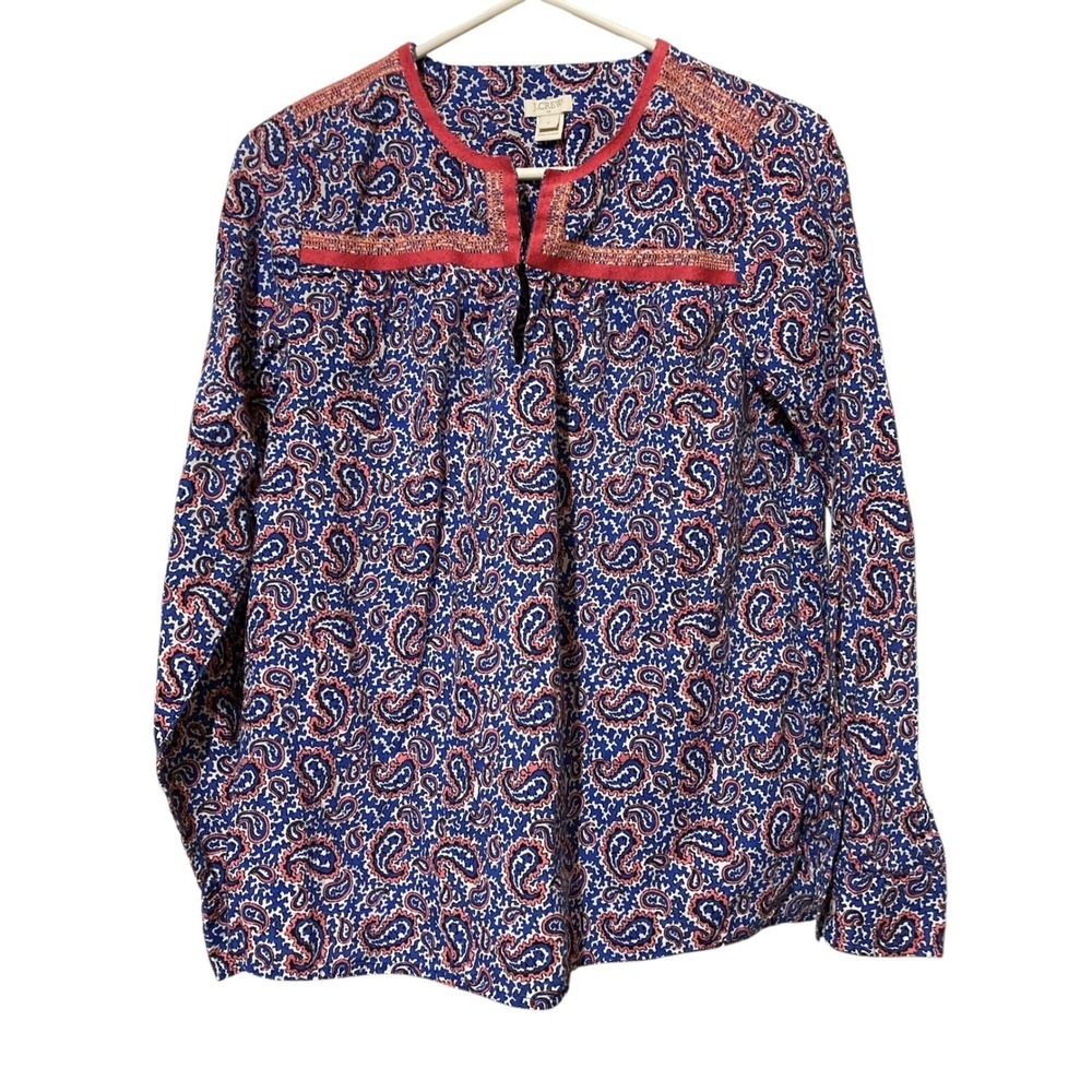 J.Crew Womens Small Blue Pink Paisley Cotton Long Sleeve Split Neck Blouse Top